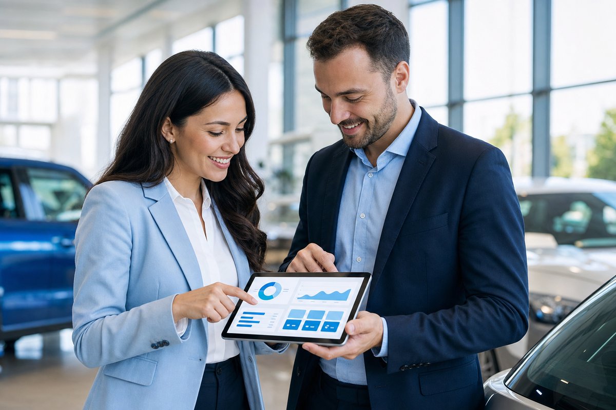 Two car dealership managers reviewing CRM sales data on a tablet in a showroom