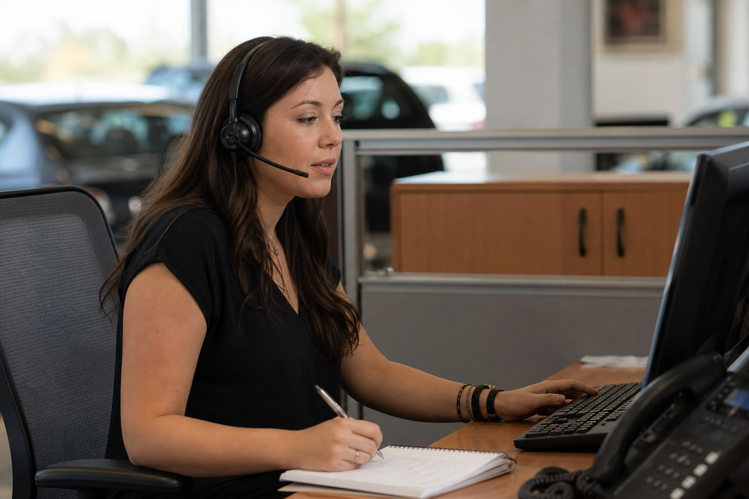 Dealership BDC representative making follow-up calls with a headset