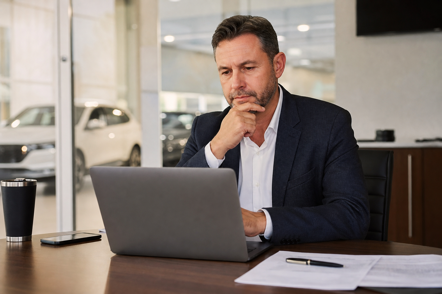 Dealership sales manager reviewing lead and close-rate performance on a laptop