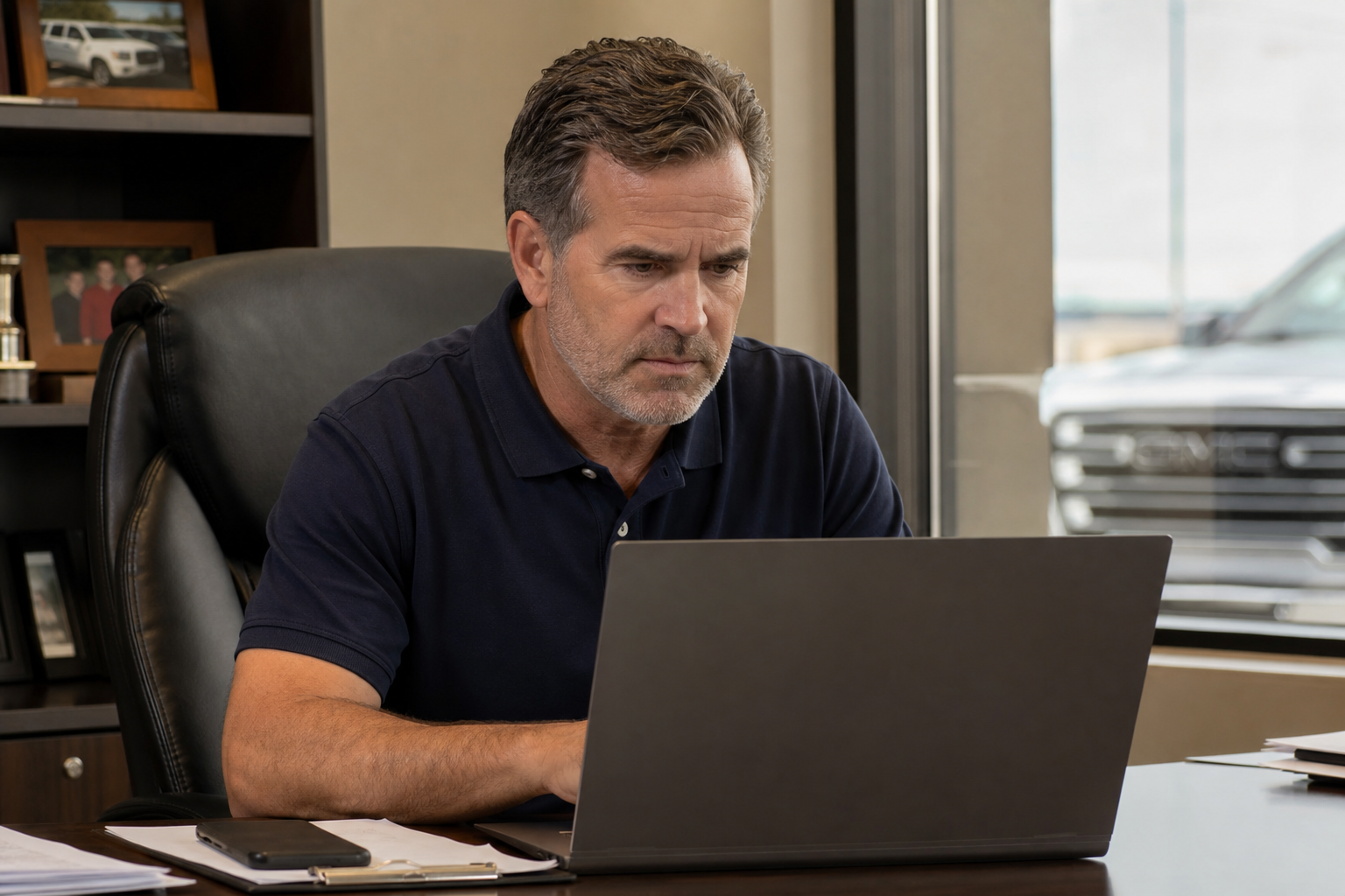 Dealership owner reviewing a sales dashboard to spot lost leads