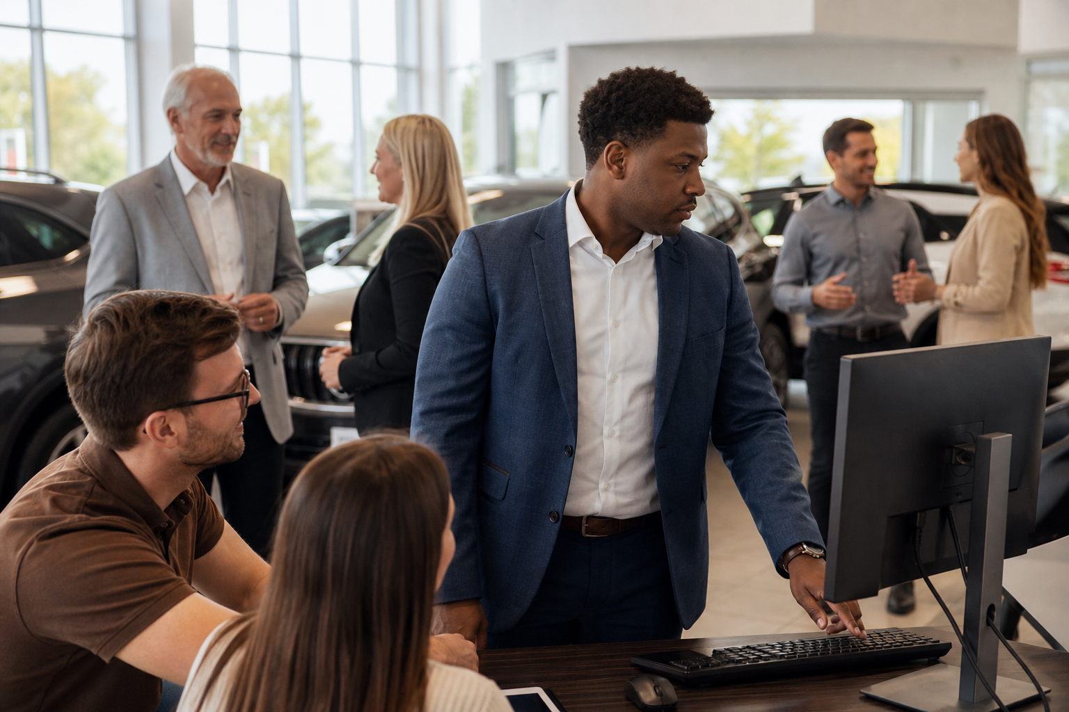 Salesperson noticing a new lead alert on a busy car dealership sales floor