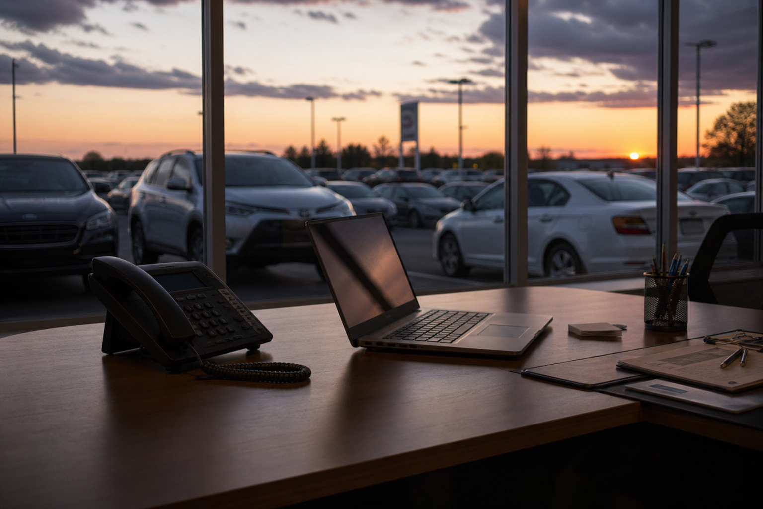 Empty dealership desk at dusk with an unanswered phone, an after-hours lead going cold