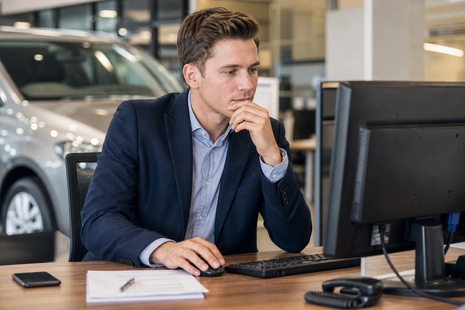 Dealership salesperson reflecting while using the CRM at a desk