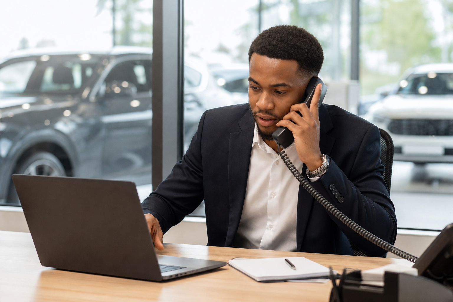 Car dealership salesperson responding to a new lead quickly by phone at their desk
