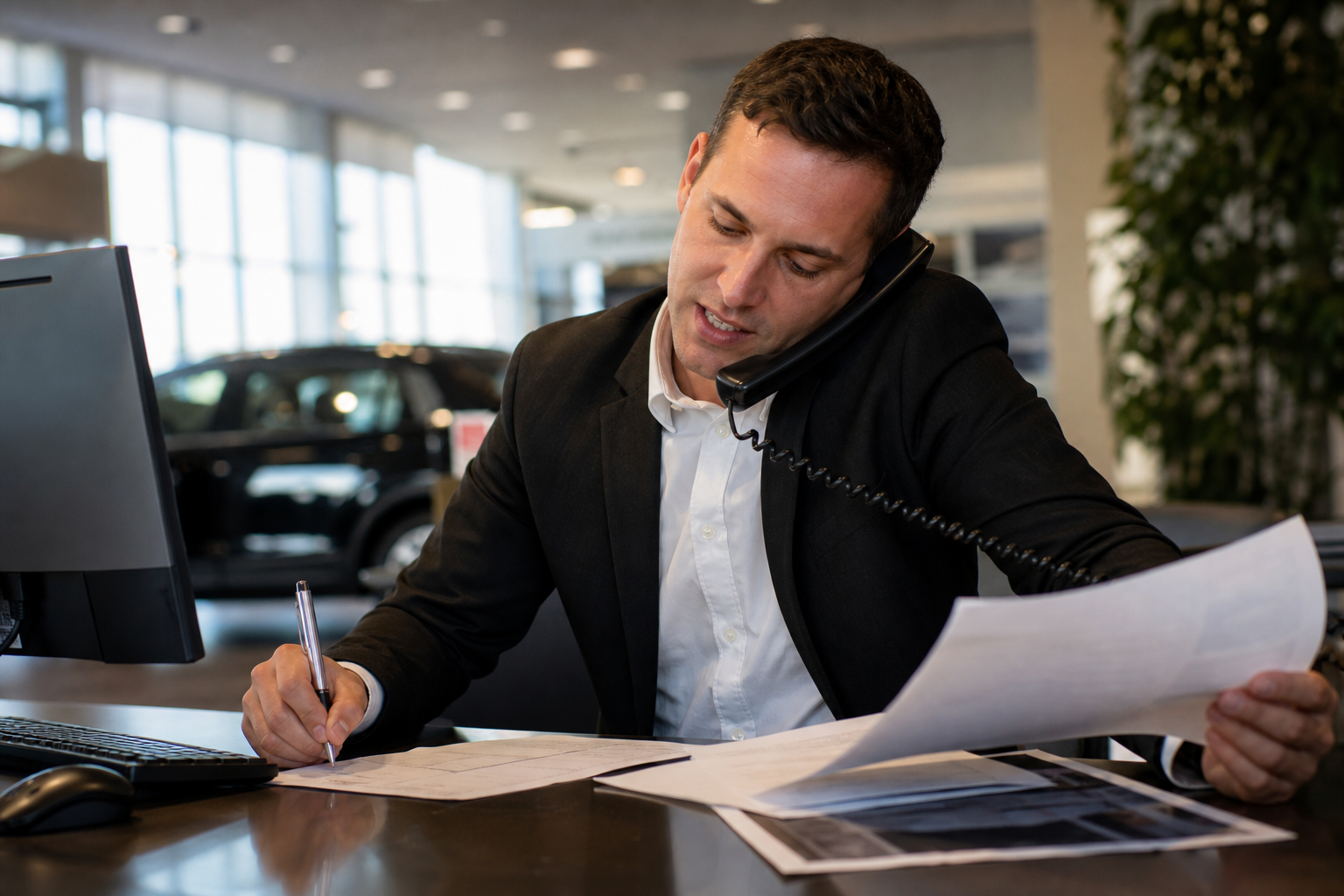 Busy car salesperson balancing calls and paperwork over the dealership CRM