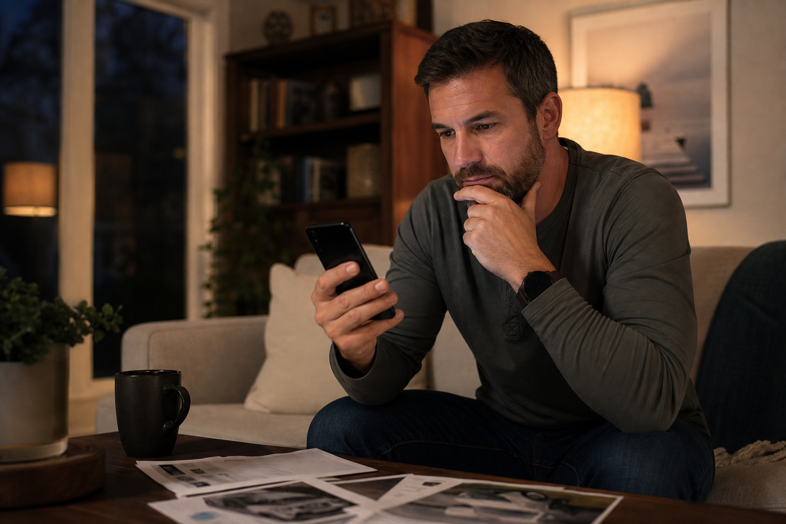 Car buyer at home contacting dealerships and deciding who responds first